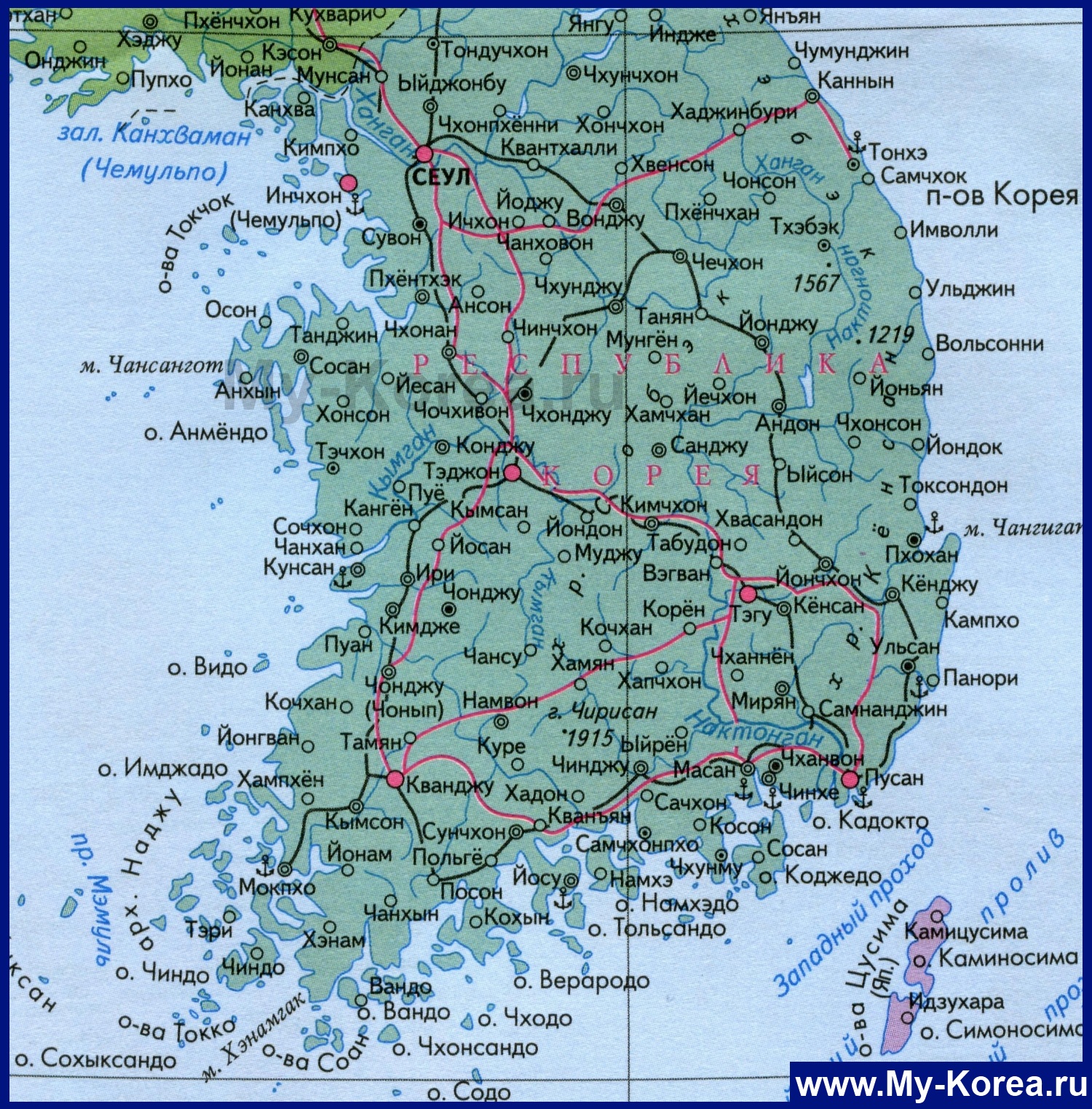 Карта кореи с городами на русском языке подробная южной